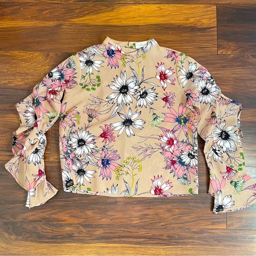 Floral Mock-Neck Long-Sleeve Top in Beige